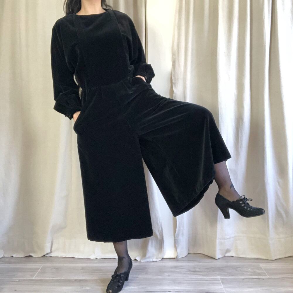 Vintage 80s RARE Black Velvet Palazzo Pant Jumpsuit Union Suit Hidden Butt Flap